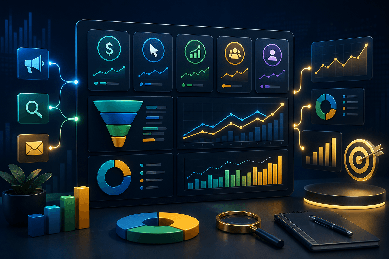 métricas marketing en un panel de indicadores con CPA CTR ROAS conversiones y CAC